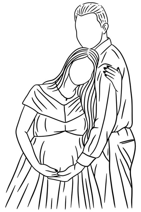 Happy Couple Maternity Pose Husband And Wife Pregnant Line Art