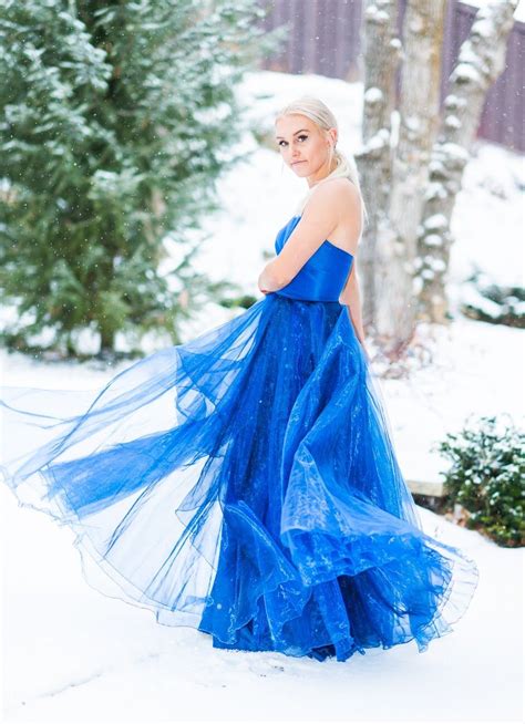 Sherri Hill Royal Blue Flowy Winter Wonderland Photoshoot In Snow