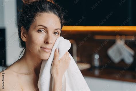 Pretty Girl Wipe Face With Towel After Shower Enjoy Healthy Smooth