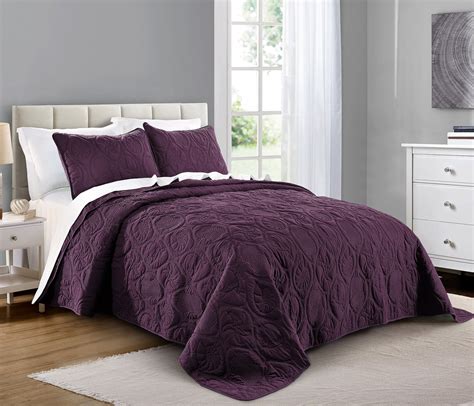 Quilt Set Full Queen Size Purple Oversized Bedspread Soft Microfiber Coverlet For All Season