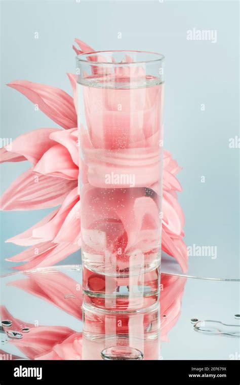 Pink Flowers Distorted Through Water In Glass With Mirror On Blue