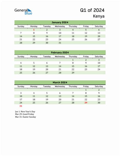 Q1 2024 Quarterly Calendar With Kenya Holidays Pdf Excel Word