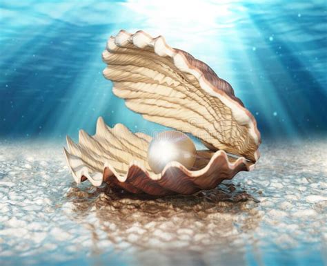 Oyster With A Giant Pearl Standing On Sea Bed 3d Illustration Stock