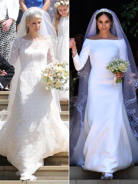 Ahead of prince harry and meghan markle's first anniversary on may 19, we're taking a look back at the highlights of their wedding day, including meghan's gorgeous. See Lady Gabriella's Wedding Dress Side-by-Side with ...