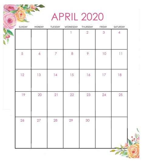Best April 2020 Floral Calendar Printable Blank Calendar Calendar