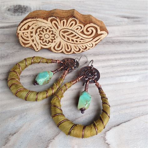 Chandelier Hoops Olive Green Silk Wrapped Amulet Hoops Etsy
