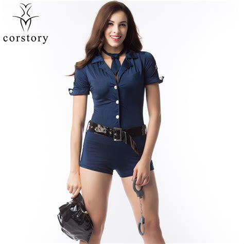 Corstory Short Sleeve Blue Halloween Policewoman Costumes Adult Ladies Female Officer Cop
