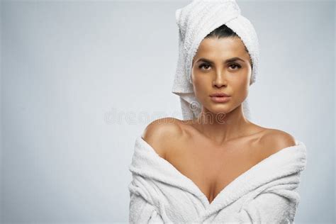 Woman In Bathrobe And Towel Holding Cup Stock Image Image Of Portrait Posing 171580405