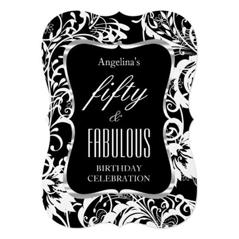 Fabulous 50 Black White Floral Elegant Party Invitation Zazzle