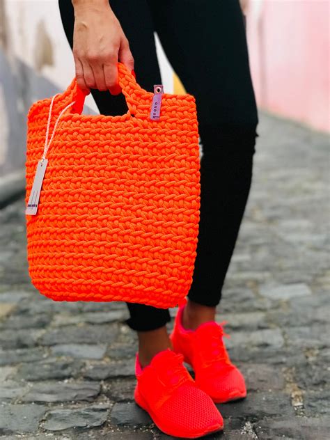 Crochet Bag Knitted Handbag Neon Orange Color By Anoukseydou On Etsy