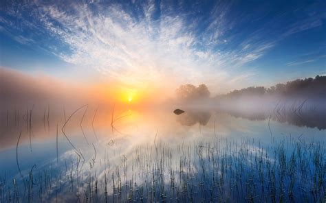 Lake Sunrise Nature Mist Landscape Reflection Sweden Forest