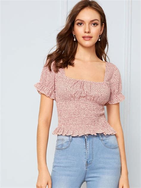 SHEIN Ditsy Floral Frill Hem Shirred Top Blouses For Women Fashion