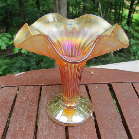 Antique Fenton Footed Fine Rib Marigold Carnival Glass Vase Carnival Glass