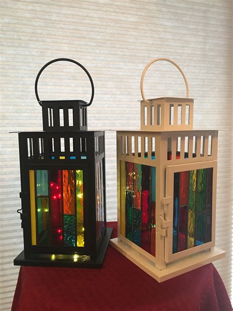 Multi Color Stained Glass Lanterns With Twinkling Fairy Lights Etsy Glass Lantern Stained