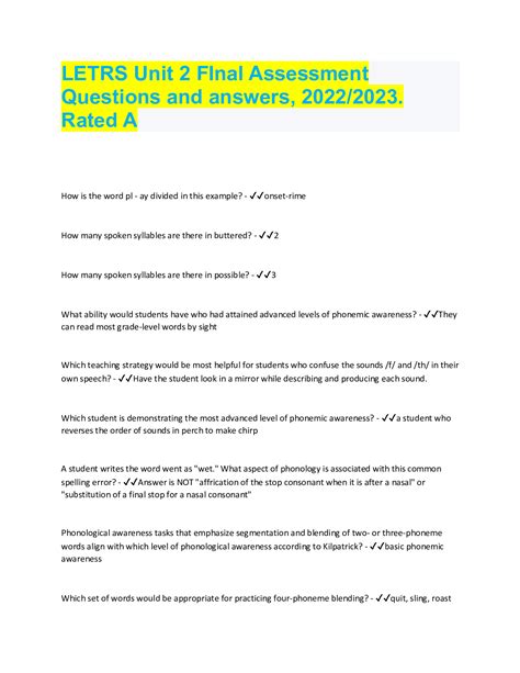 Letrs Unit 2 Final Assessment Questions And Answers 20222023 Rated A