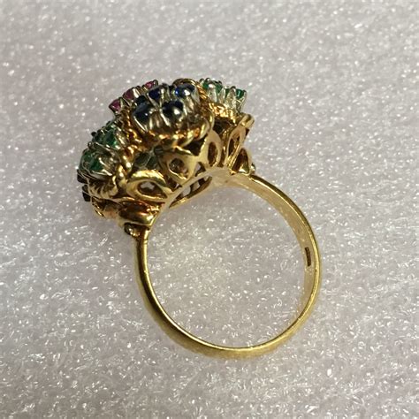 18k Solid Yellow Gold Estate Gemstone Cluster Cocktail Ring Etsy