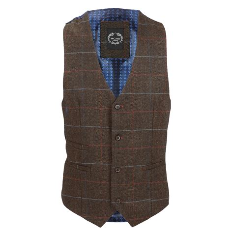 Mens Brown Tweed Check Waistcoat Herringbone Luxury Formal Tailored Fit