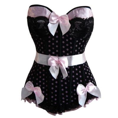 Black And Pink Polka Dotted Overbust Underwired Boned Corset With