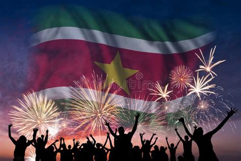 People Are Looking On Fireworks And Flag Of Suriname Stock Illustration