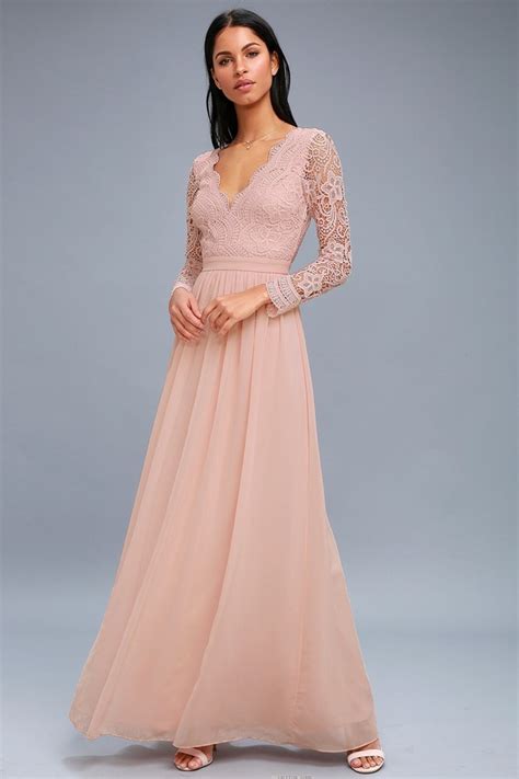 Lovely Blush Pink Dress Lace Long Sleeve Maxi Dress