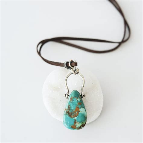 Natural Turquoise Dark Leather Necklace Leather Necklace Necklace
