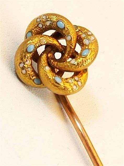 Victorian 10k Love Knot Stick Pin Brooch Textured With Blue And White Enameling Ebay Stick