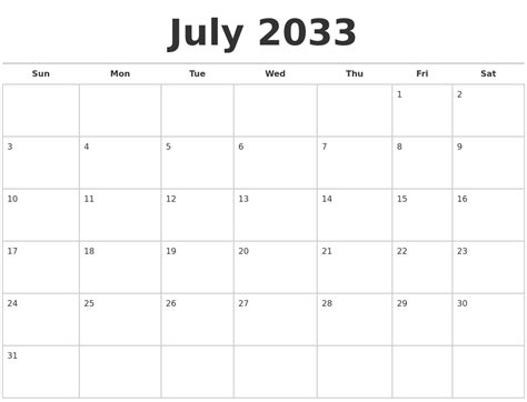 June 2033 Monthly Calendar Template