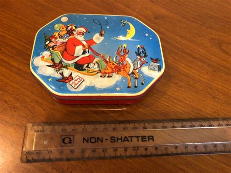 Vintage Christmas Toffee Tin Possibly Fillerys Santa On Sleigh With