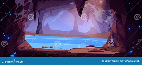 Underground Cave With Water And Blue Crystals Stock Vector