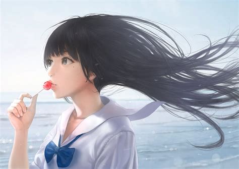 Beautiful Anime Girl School Uniform Lollipop Long Hair Wind Anime