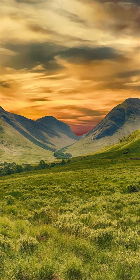 Landscape Green Mountains Cloudy Day Sunset 1080x2160 Wallpaper