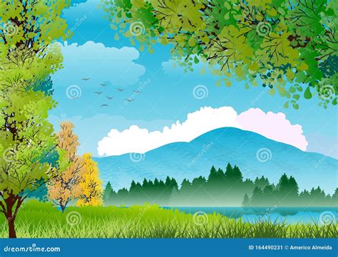 Background With Natural Landscape With Stylized Trees In The Foreground