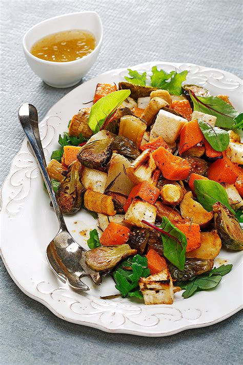 Roasting brings out the flavours of the potatoes, and adding corn, tomatoes, peppers, and onions lightens up the salad while adding great taste, colour, and good nutrition. Roasted Root Vegetable Salad with Maple Dijon Vinaigrette ...