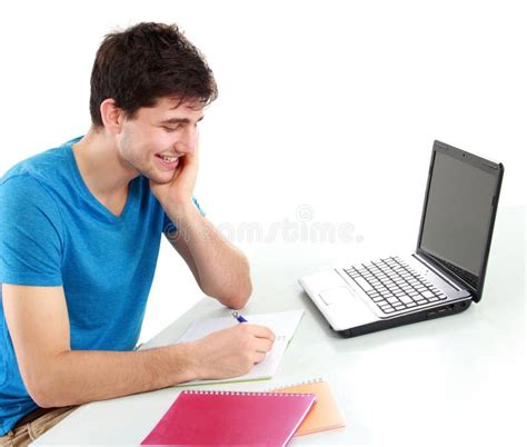 College Student Using His Laptop Stock Image Image Of Modern Indoors