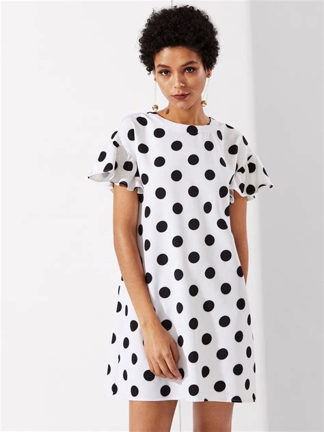 Shop Ruffle Sleeve Polka Dot Dress Online Shein Offers Ruffle Sleeve