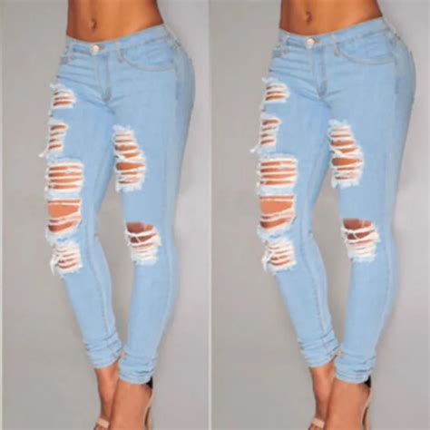 Fashion Womens Ladies Skinny Faded Ripped Jeans Casual Slim Fit Cool Denim Cotton Jeans Skinny