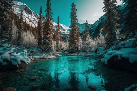 A Turquoise River Running Through A Wintery Mountain Forest And Trees