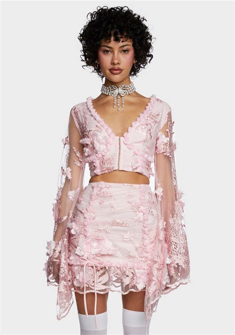 Sugar Thrillz Floral Lace Bell Sleeve Crop Top Pink Dolls Kill