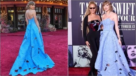 Taylor Swift Poses With Beyonc At The Eras Tour Movie Premiere Stuns In Stunning Blue Cut Out