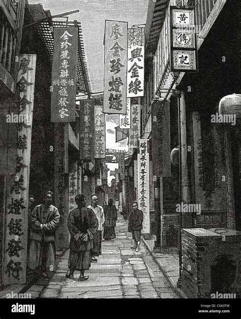 China Canton Guangzhou 19th Century Street Engraving At The