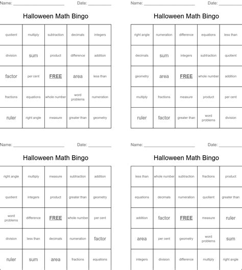 Halloween Math Bingo Wordmint