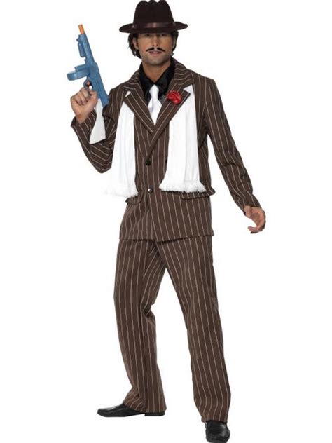 Adult Large Brown Pin Striped Zoot Suit Gangster Fancy Dress Costume