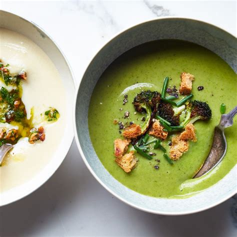 Broccoli Spinach Soup With Crispy Broccoli Florets And Croutons Recipe
