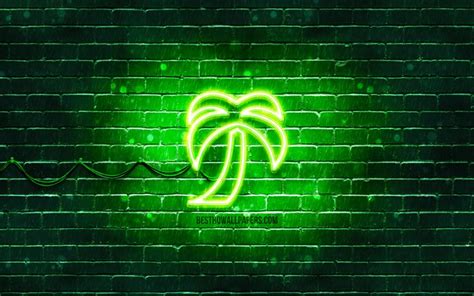 Download Wallpapers Palm Neon Icon 4k Green Background Neon Symbols