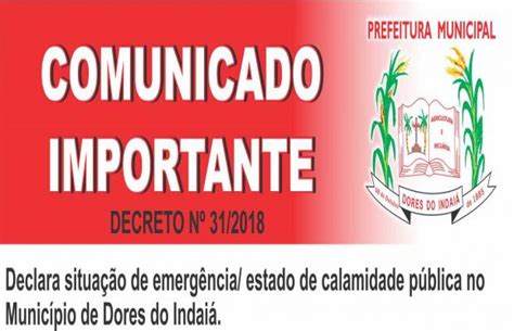 Decreto Nº 312018 Declara Situação De Emergência Estado De Calamidade Pública No Município De