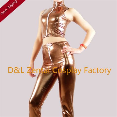Free Shipping Dhl 2016 Sexy Costume Coffee Two Pieces Shiny Metallic Catsuits M146 Shiny Catsuit