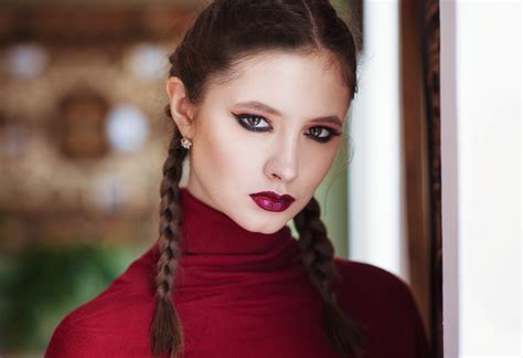 woman brunette brown eyes braid lipstick stare model face girl wallpaper