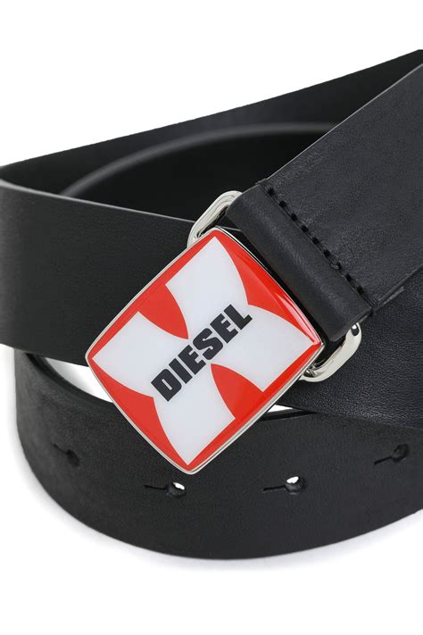 Leather Belt With Enamel Logo Buckle Diesel