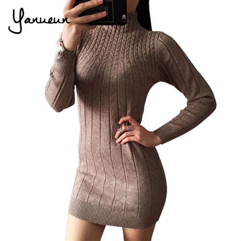 Yanueun Fashion 2017 Autumn Winter Women Dresses Long Sleeve Knitted Sweater Dress Female