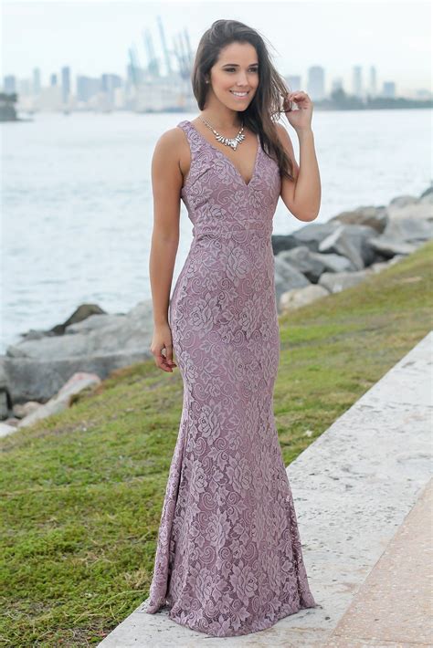 Mauve Lace Maxi Dress With Open Back Perfect Bridesmaid Dress